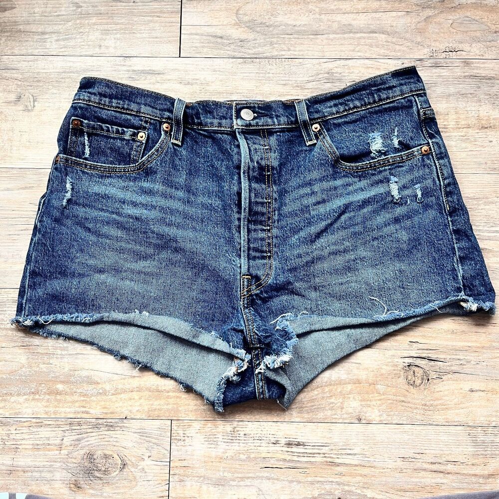 Levi’s 501 Cutoff Denim Shorts 34x2 Distressed Frayed Hem Vintage Style Dark - Picture 2 of 9